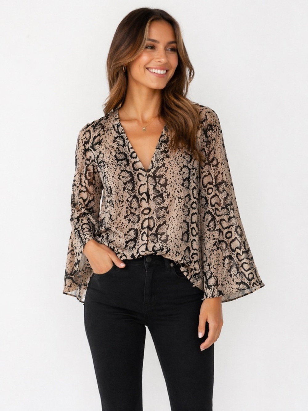 BuddyLove Tan Black Snakeskin Print V-Neck Bell Sleeve Blouse M NWT